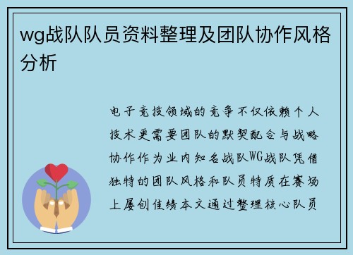wg战队队员资料整理及团队协作风格分析